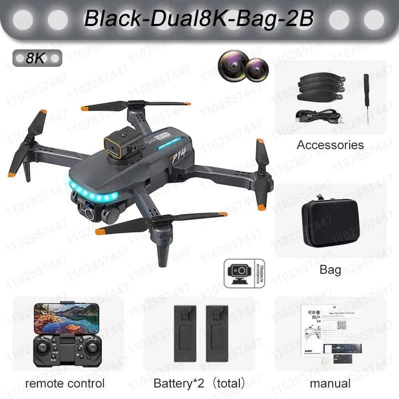 Black dual 8K drone with accessories on a white background