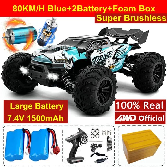 4WD RC Off-Road Drift Car - Super Brushless 50/80KM/h Toy - 80KM Blue 2Battery image