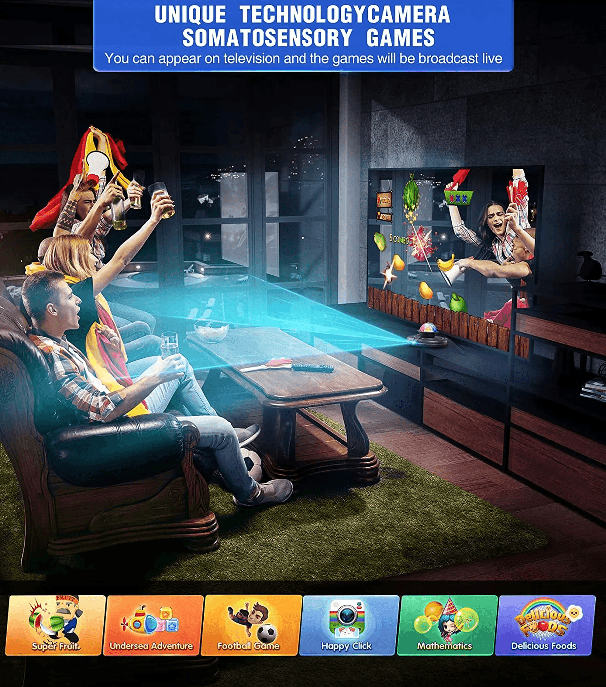 Living room with people playing video games on a large screen, featuring various game icons at the bottom.