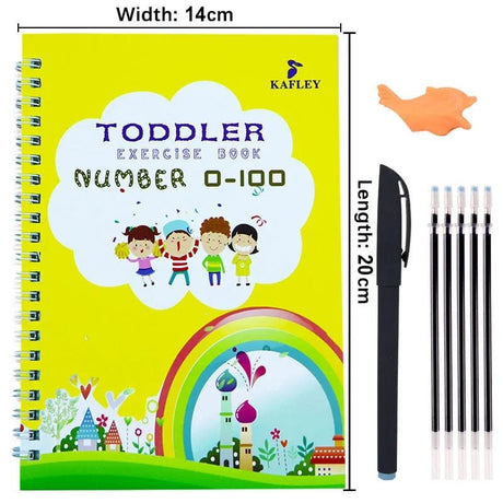 Kafley toddler exercise book with a pen and eraser on a white background