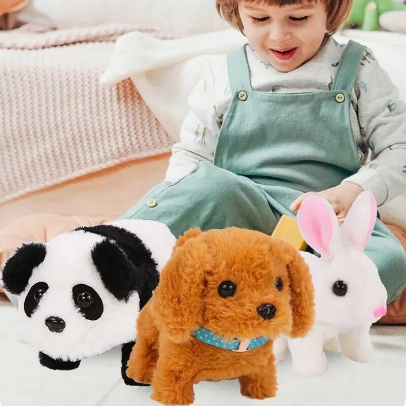 Child sitting on a bed with three plush toys: a panda, a dog, and a rabbit.