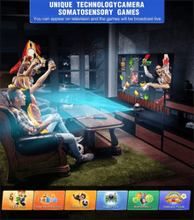 Dance mat game console in a living room showing the multi-game menu, offering many titles for family screen time.