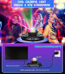 KTV light projector and connection diagram for the dance mat game, setting a party atmosphere for singing and dancing.