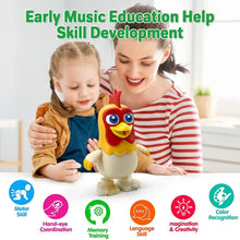 Dancing Chicken Bartolito musical toy shown with parent and child for early music education benefits.