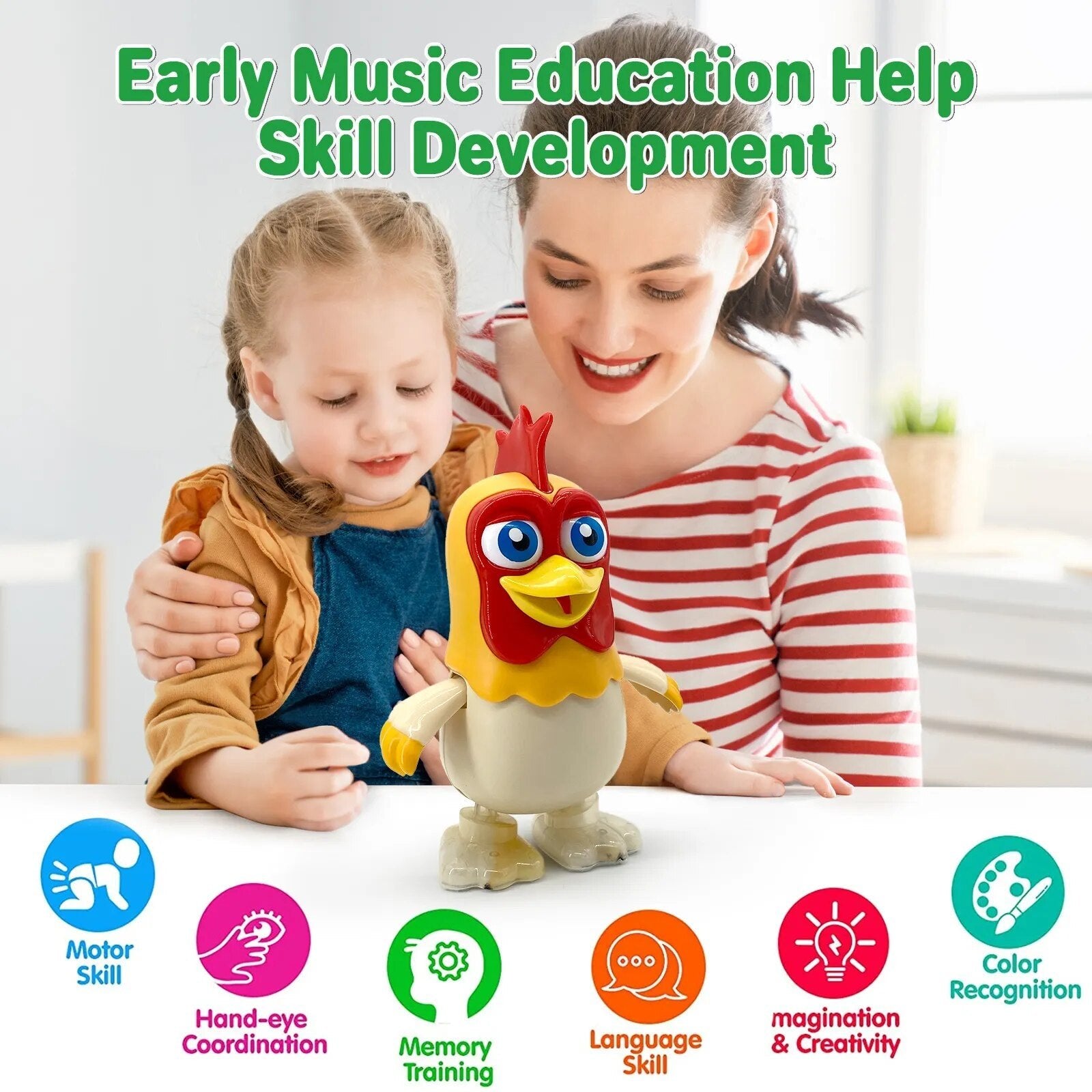 Dancing Chicken Bartolito musical toy shown with parent and child for early music education benefits.