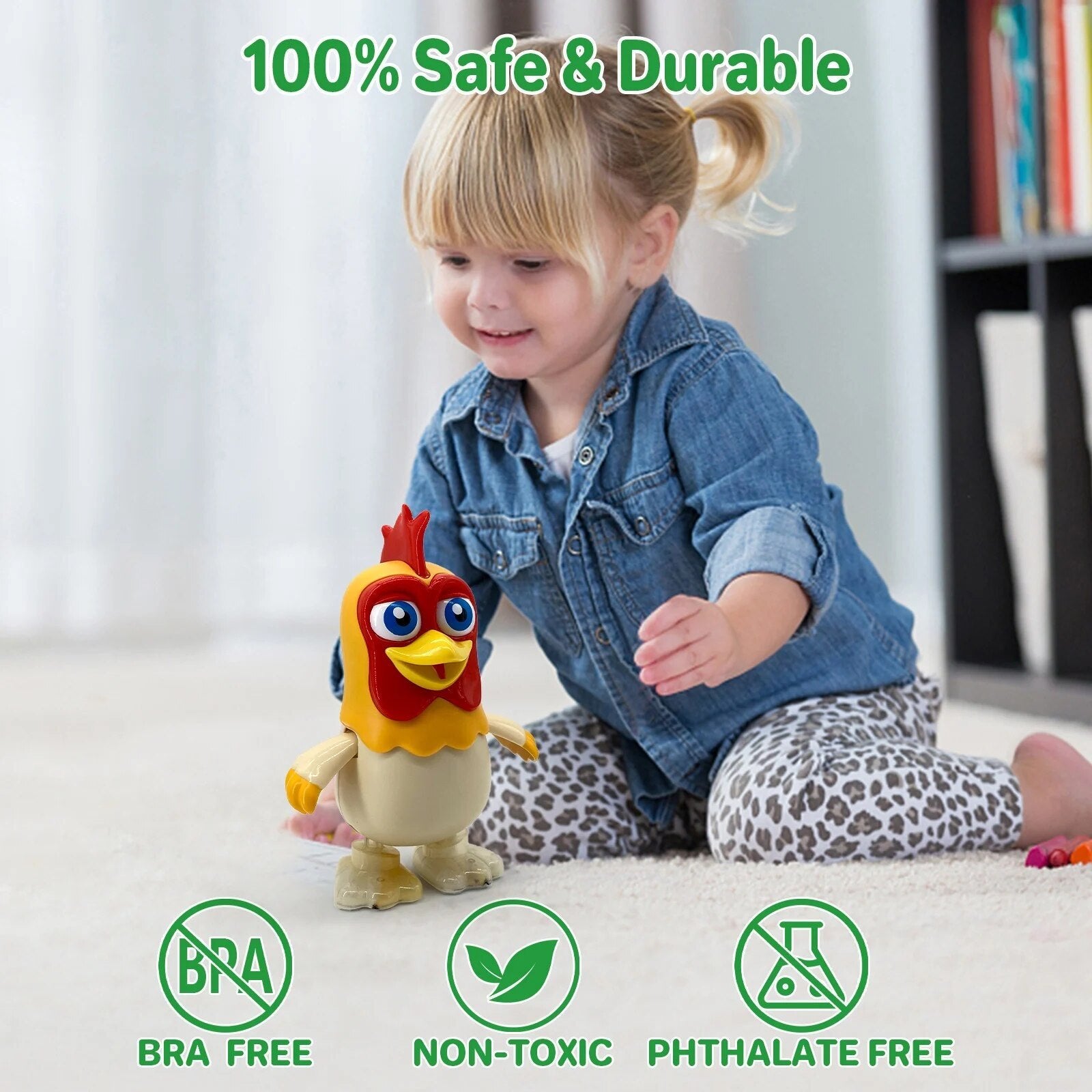 Dancing Chicken Bartolito musical toy shown with safety certification for safe toddler learning play.