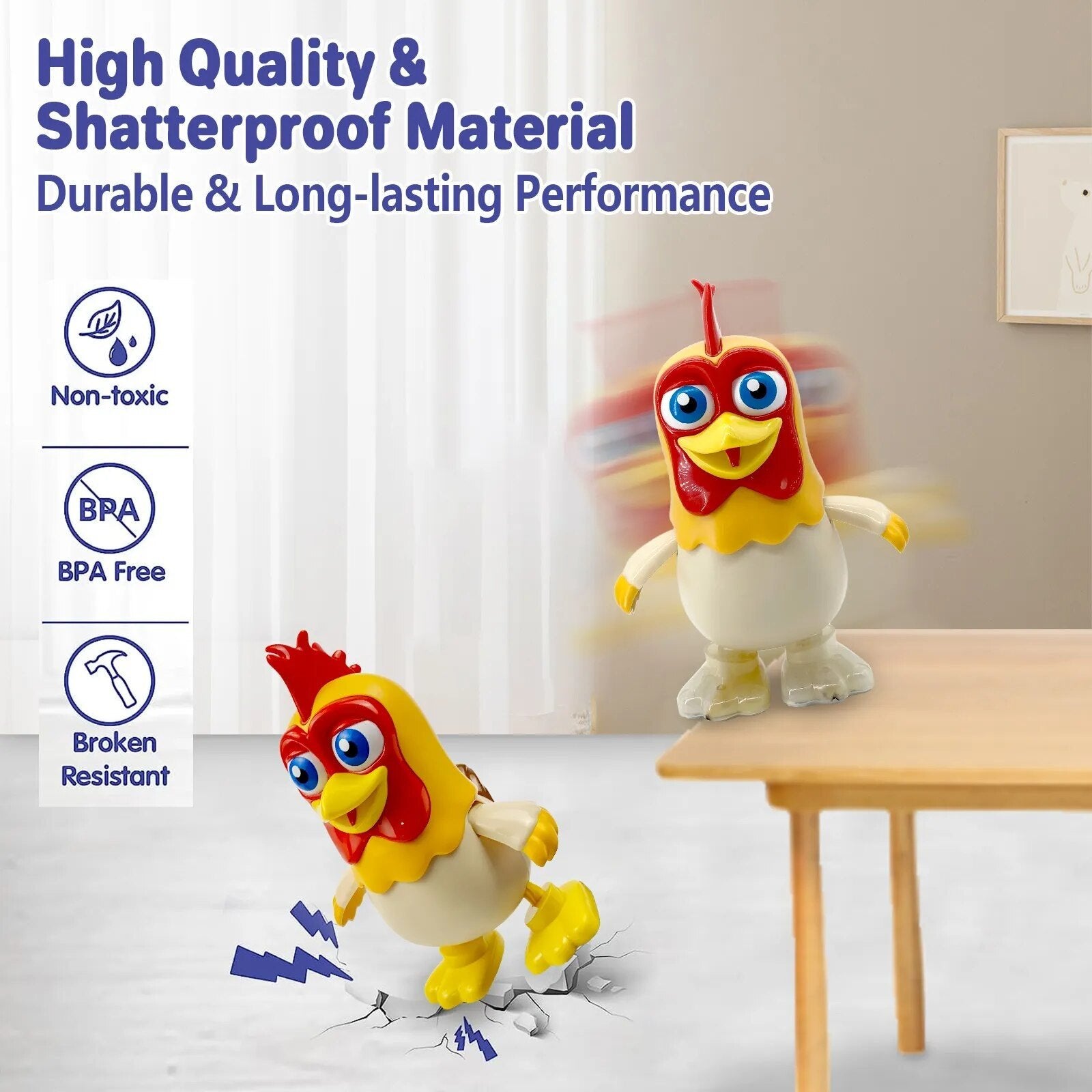 Dancing Chicken Bartolito musical toy shown with listed safety features for toddler learning and play.