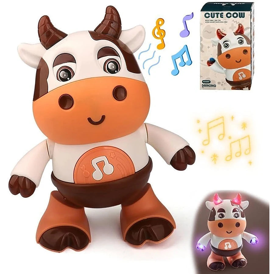 Dancing cow toy with music notes, its box and a lit-up view in the corner