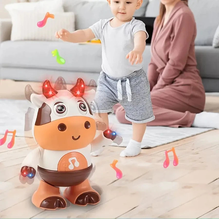 Toddler dancing in a living room next to a dancing cow toy with glowing red horns