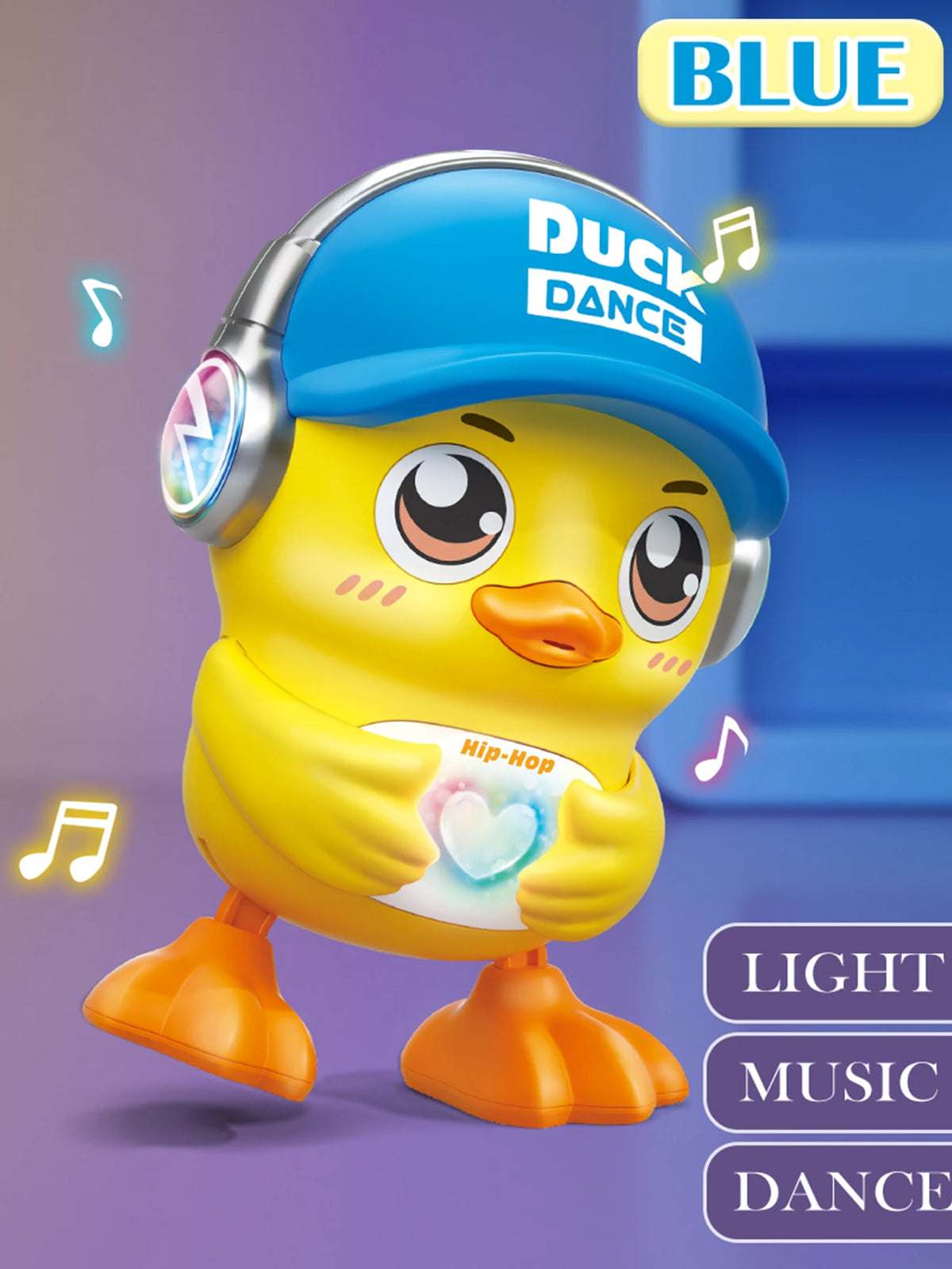 Duck toy in a blue cap labeled blue with light, music and dance tags