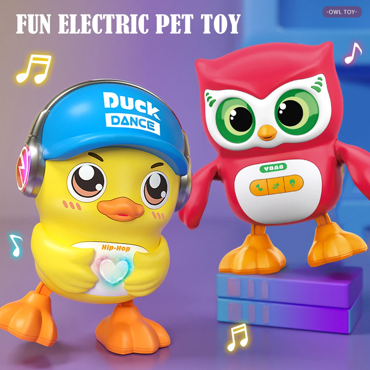 Blue-cap duck and red owl electric toys on a purple stage with music notes