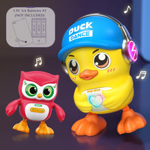 Duck and owl toys beside a note that three AA batteries are not included