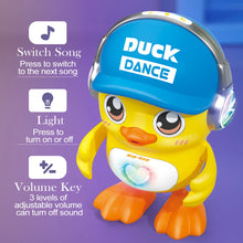 Duck toy in a blue cap with callouts for switch song, light and volume key
