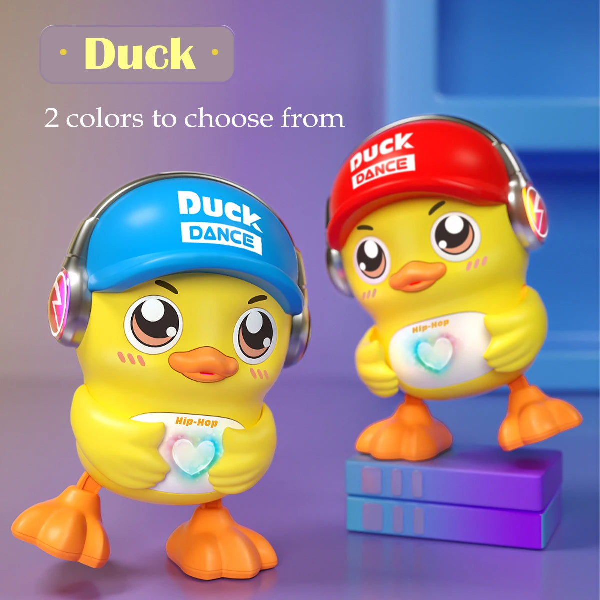 Duck toys in blue and red caps with a note that two colors are available