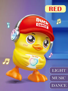 Duck toy in a red cap labeled red with light, music and dance tags