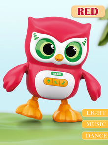 Red owl toy with green eyes labeled red with light, music and dance tags