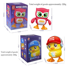 Size and weight diagram for the owl at 15 cm tall and the duck at 17 cm tall with their gift boxes