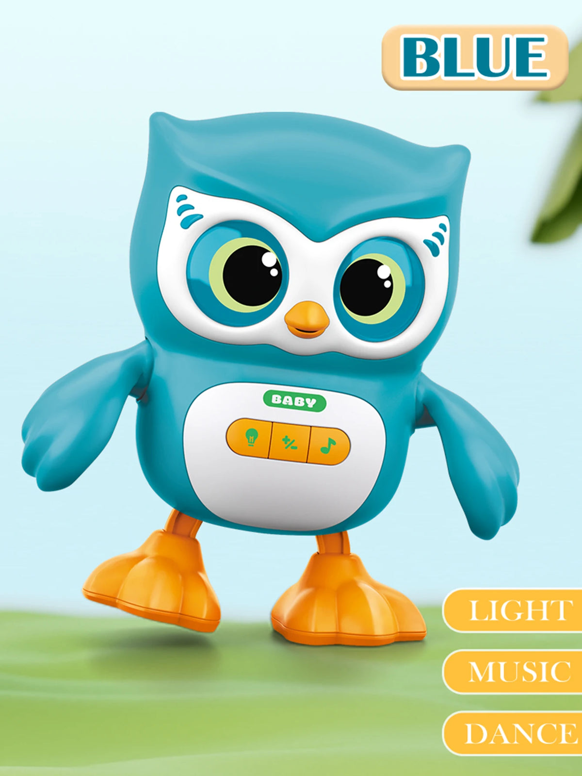 Teal blue owl toy labeled blue with light, music and dance tags