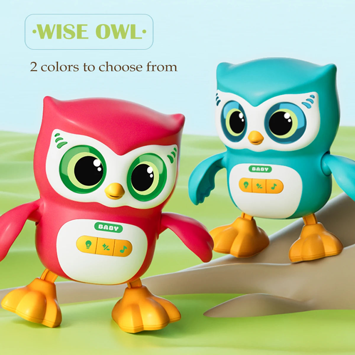 Red and teal owl toys on a rocky hill with a note that two colors are available