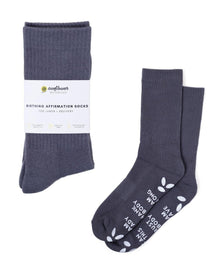 Dark gray empowering birth affirmation hospital socks with white lettering for delivery day.