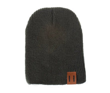 Dark grey crochet kids beanie hat flat lay for winter wardrobes, pram walks, and cold-weather play.
