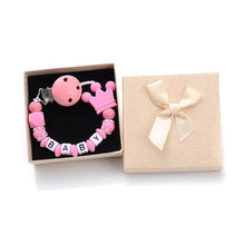 Dark pink silicone beaded pacifier clip personalized with baby name for stroller walks and soother security.