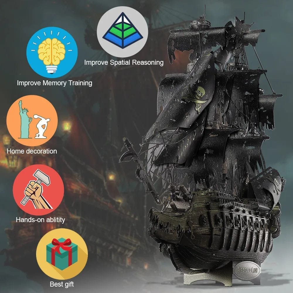 Dark wooden ship model with educational benefits icons.