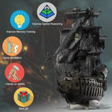 Dark wooden ship model with educational benefits icons on a dark background