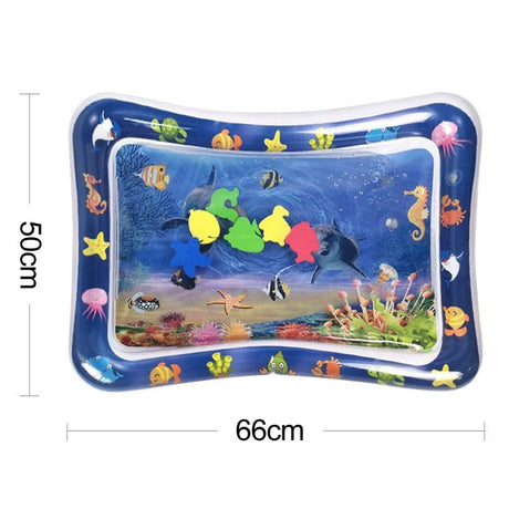 Inflatable water mat with underwater scene and toy fish, showing dimensions.