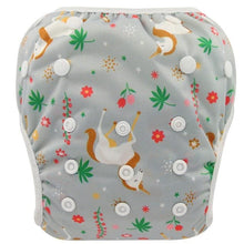 Gray cloth diaper with animal and floral pattern on a white background