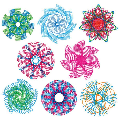 Set of colorful Spirograph-style designs on a white background