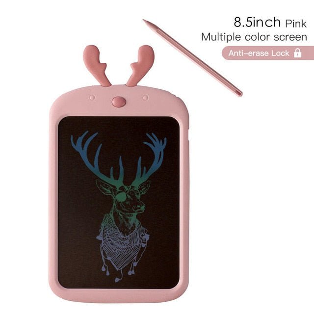 Pink electronic doodle board with deer illustration and a pen on a white background