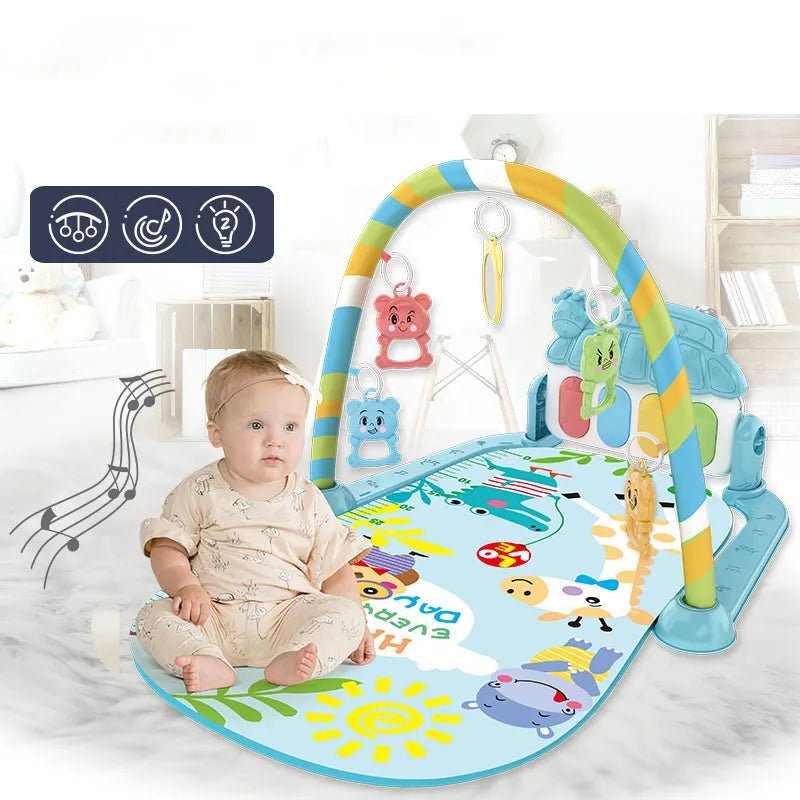 Baby playing on a colorful activity mat with toys and music notes in the background