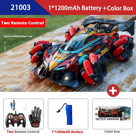 Colorful toy car with remote control and battery packaging on a wooden surface