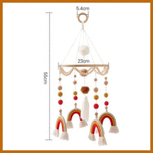Decorative baby crib mobile hanging set with dimension guide, a soft nursery accessory for newborn sleep spaces.
