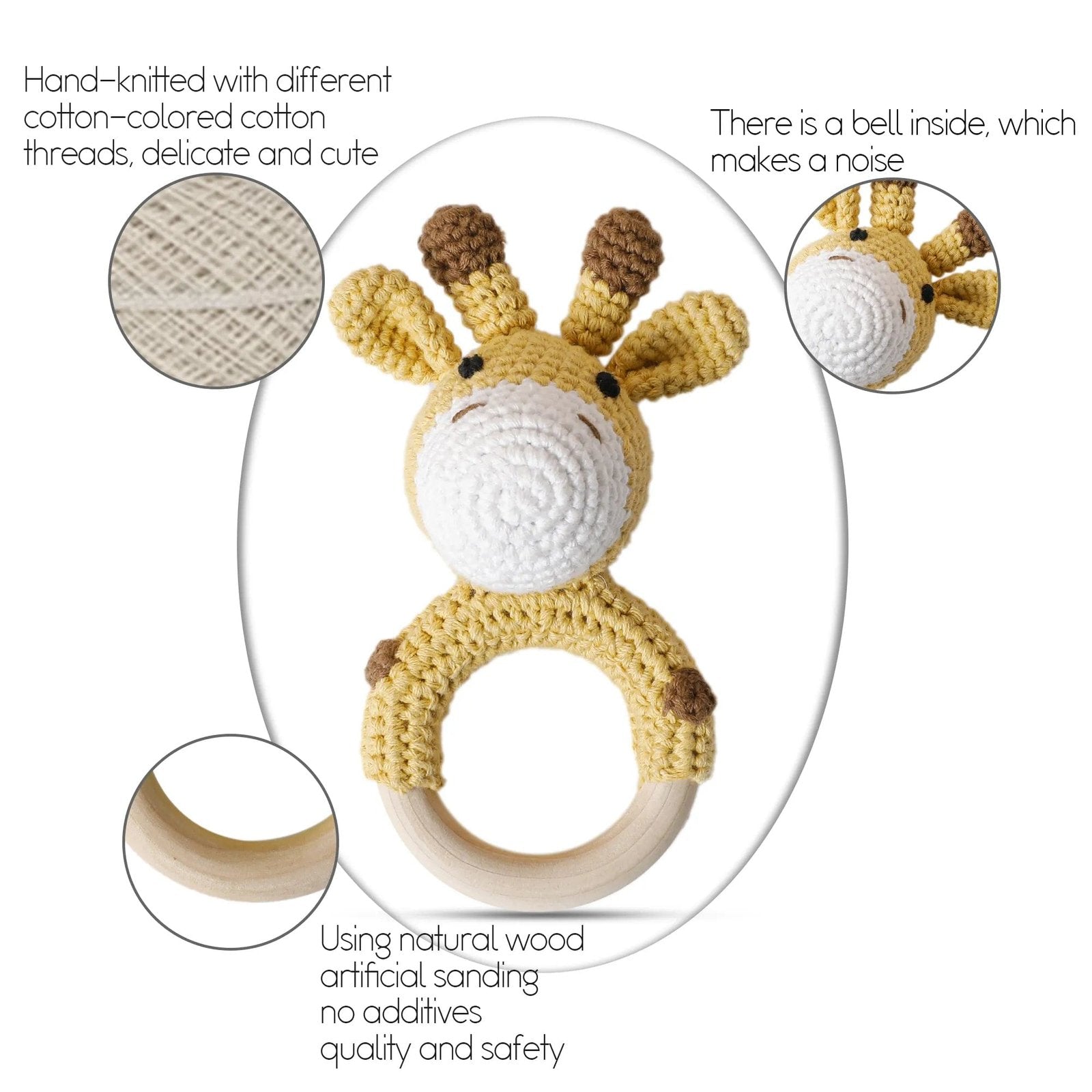 Deer crochet wooden baby rattle and teether ring, a nursery toy that soothes sore gums and encourages grasping.