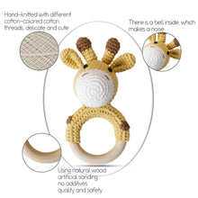 Deer crochet wooden baby rattle and teether ring, a nursery toy that soothes sore gums and encourages grasping.