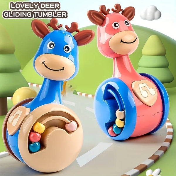 Blue and pink deer roly poly tumbler baby toys shown together on a road scene
