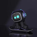 Black desktop robot pet toy with glowing eyes and headphones standing on a skateboard-style base