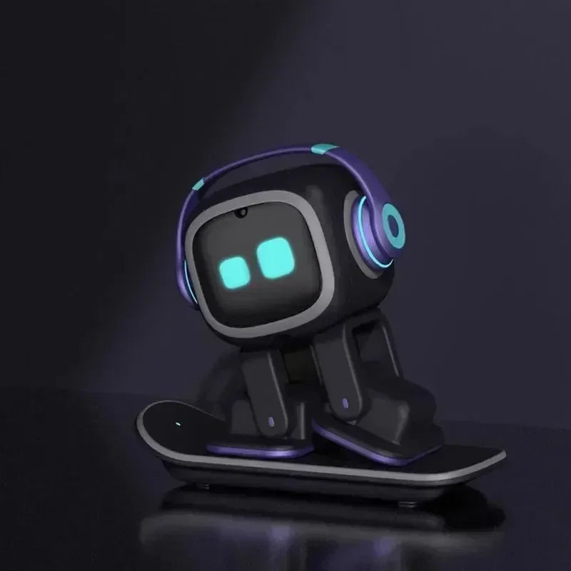 Black desktop robot pet toy with glowing eyes and headphones standing on a skateboard-style base