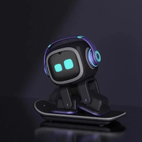 Black desktop robot pet toy with glowing eyes and headphones standing on a skateboard-style base
