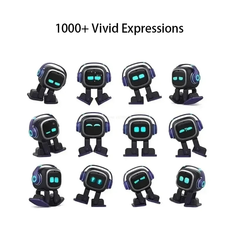 Grid of twelve desktop robot pet poses and glowing eye expressions on a white background