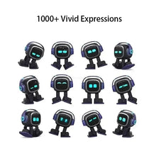 Grid of twelve desktop robot pet poses and glowing eye expressions on a white background