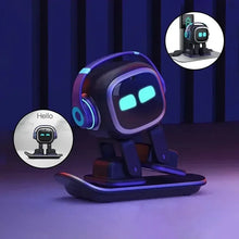 Desktop robot pet toy with glowing eyes on its base with two small circle callouts including a hello screen