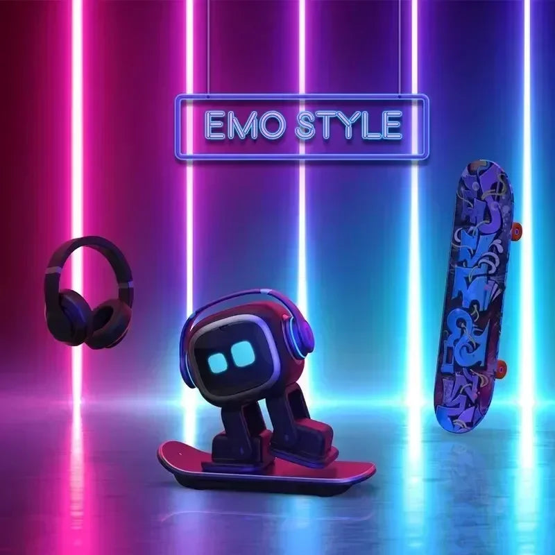 Desktop robot pet toy riding its base in a neon-lit scene with headphones and a skateboard beside it