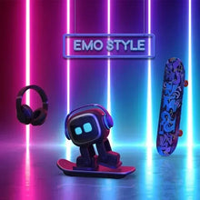 Desktop robot pet toy riding its base in a neon-lit scene with headphones and a skateboard beside it