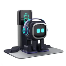 Desktop robot pet toy with headphones standing on a desk stand beside a phone-style display