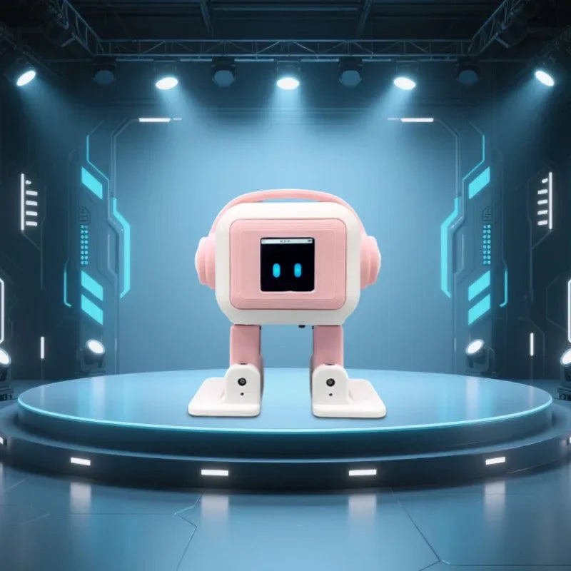 Pink desktop robot pet toy with headphones standing on a circular stage in a blue sci-fi room