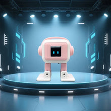 Pink desktop robot pet toy with headphones standing on a circular stage in a blue sci-fi room