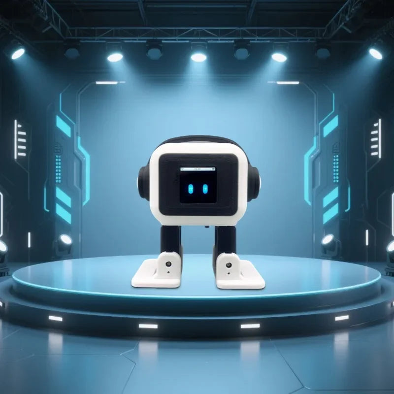 White desktop robot pet toy with headphones standing on a circular stage in a blue sci-fi room